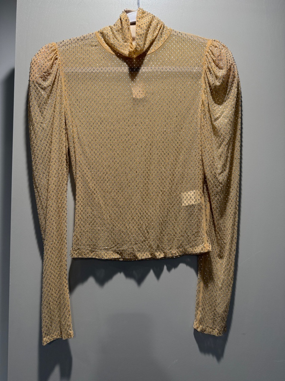 For Love And Lemons Metallic Gold Long-Sleeve Sheer crystal rhinestone Mesh Top